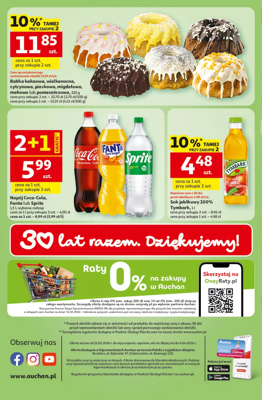 Gazetka promocyjna Auchan - Gazetka 30 Lat Hipermarket Auchan - ważna 31.03 do 04.04.2026 - strona 35 - produkty: Babka, Coca-Cola, Fa, Fanta, Gra, Kakao, Kosz, Napój, Sok, Sok jabłkowy, Sprite, Top, Tymbark, Waga