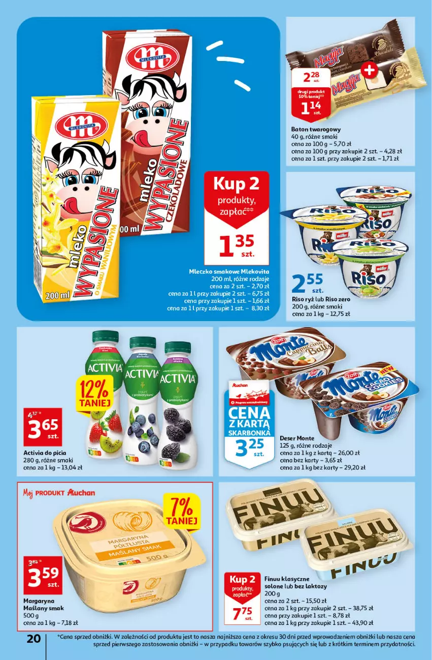 Gazetka promocyjna Auchan - Gazetka Oferta Rewelacyjne słodkości Hipermarket Auchan - ważna 16.03 do 22.03.2023 - strona 20 - produkty: Activia, Baton, Deser, Finuu, Mleczko, Mleko, Mlekovita, Monte, O nas, Probiotyk, Ryż, Ser