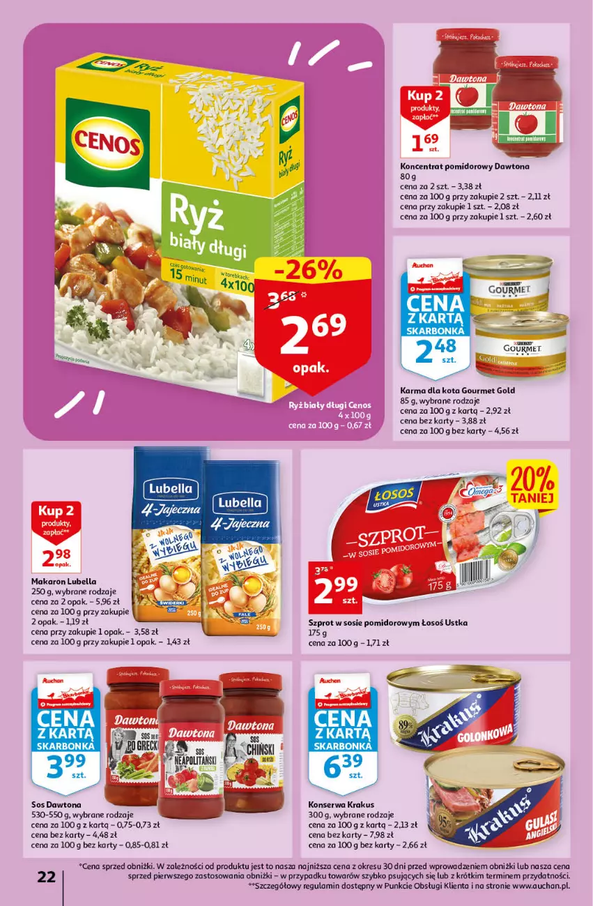 Gazetka promocyjna Auchan - Gazetka Oferta Rewelacyjne słodkości Hipermarket Auchan - ważna 16.03 do 22.03.2023 - strona 22 - produkty: Bell, Bella, Dawtona, Gourmet Gold, Koncentrat pomidorowy, Krakus, Lubella, Makaron, O nas, Ser, Sos, Szprot, Szprot w sosie