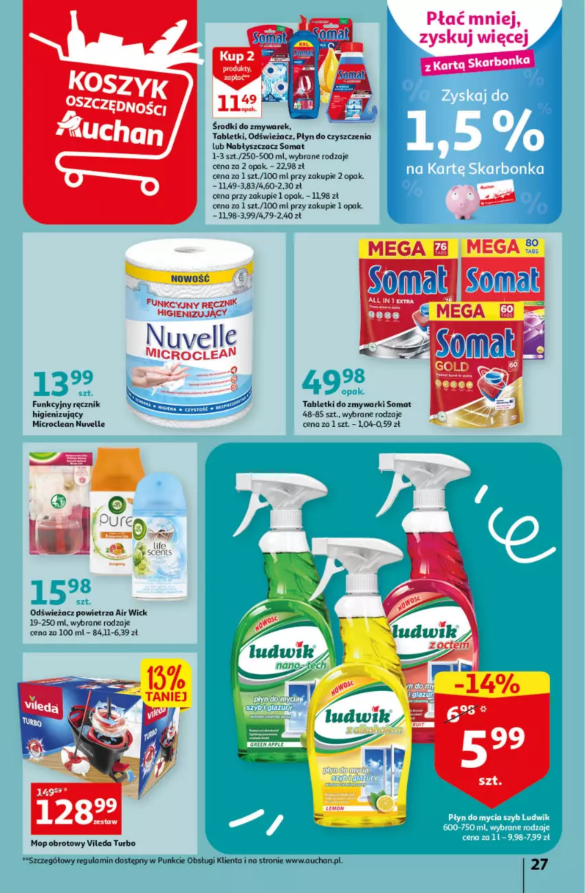 Gazetka promocyjna Auchan - Gazetka Oferta Rewelacyjne słodkości Hipermarket Auchan - ważna 16.03 do 22.03.2023 - strona 27 - produkty: Air Wick, Ludwik, Mop, Odświeżacz powietrza, Ręcznik, Somat, Tablet, Tabletki do zmywarki, Vileda, Zmywarki