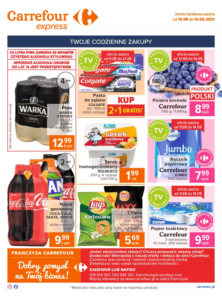 Gazetka promocyjna Carrefour - Gazetka Express - ważna 09.08 do 16.08.2021 - strona 2 - produkty: Chipsy, Coca-Cola, Colgate, Fa, Fanta, Gra, Lay’s, LG, Napój, Napój gazowany, Papier, Papier toaletowy, Pasta do zębów, Piwa, Piwo, Ręcznik, Rolmlecz, Ser, Serek, Serek homogenizowany, Sprite, Warka