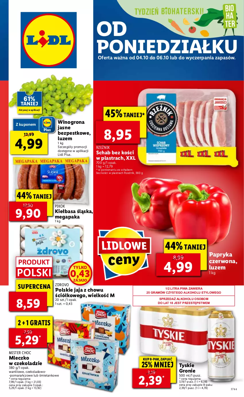 Gazetka promocyjna Lidl - GAZETKA - ważna 04.10 do 06.10.2021 - strona 1 - produkty: Gra, Jaja, Kiełbasa, Kiełbasa śląska, Mleczko, Papryka, Papryka czerwona, PIKOK, Piwa, Por, Schab bez kości, Tyskie, Wino, Winogrona, Winogrona bezpestkowe