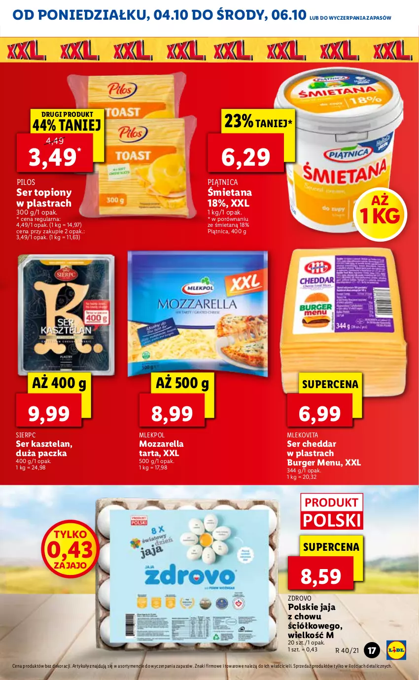 Gazetka promocyjna Lidl - GAZETKA - ważna 04.10 do 06.10.2021 - strona 17 - produkty: Burger, Cheddar, Jaja, Kasztelan, Mleko, Mlekovita, Mozzarella, Piątnica, Pilos, Por, Ser, Ser Kasztelan, Ser topiony, Tarta, Top