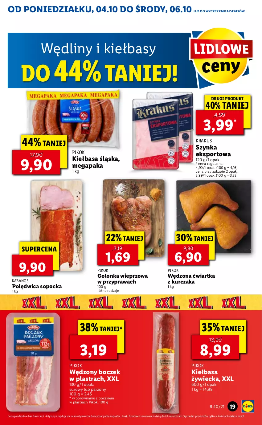 Gazetka promocyjna Lidl - GAZETKA - ważna 04.10 do 06.10.2021 - strona 19 - produkty: Boczek, Golonka wieprzowa, Kabanos, Kiełbasa, Kiełbasa śląska, Krakus, Kurczak, PIKOK, Polędwica, Por, Sport, Szynka