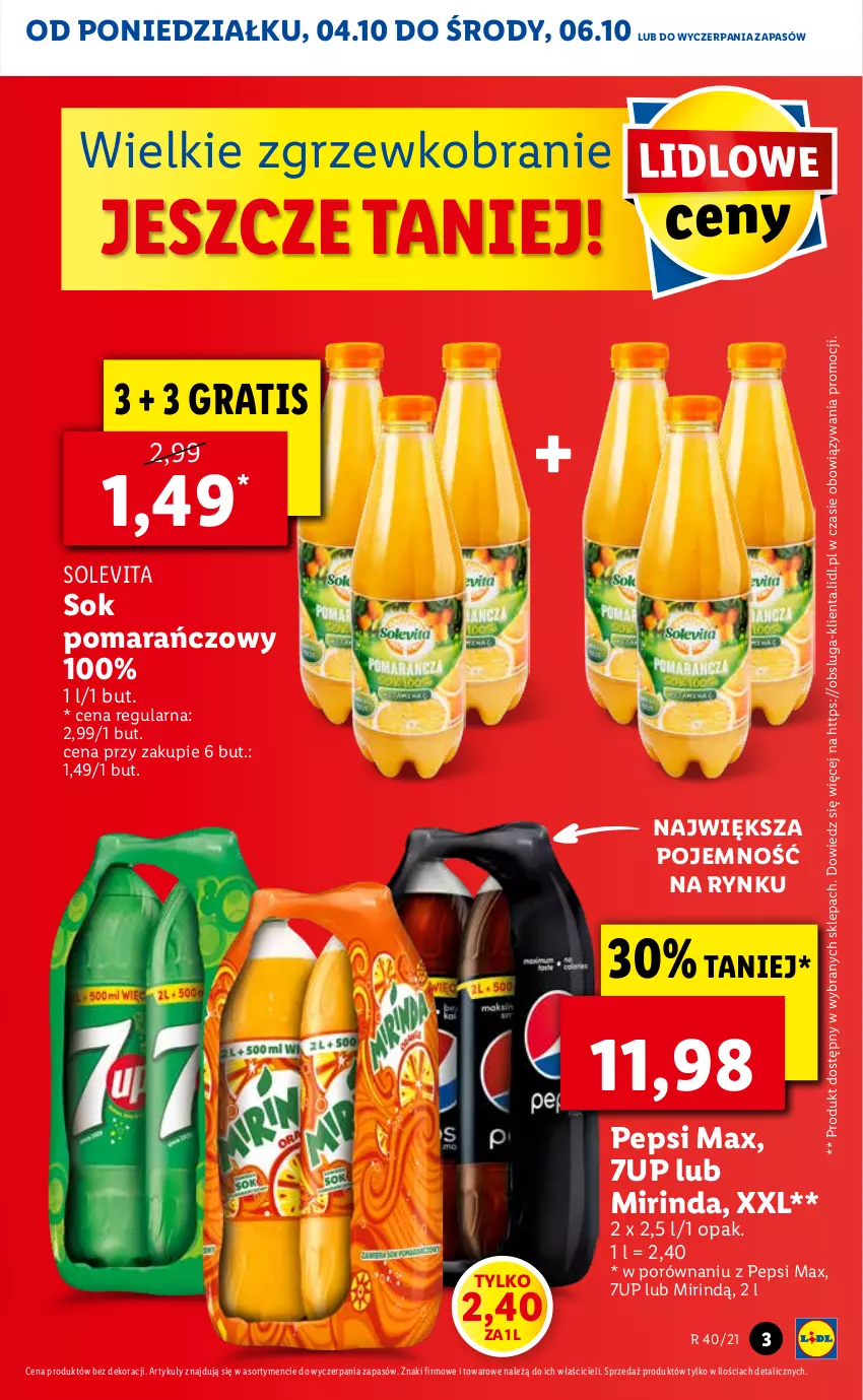 Gazetka promocyjna Lidl - GAZETKA - ważna 04.10 do 06.10.2021 - strona 3 - produkty: 7up, Gra, Mirinda, Pepsi, Pepsi max, Por, Sok, Sok pomarańczowy