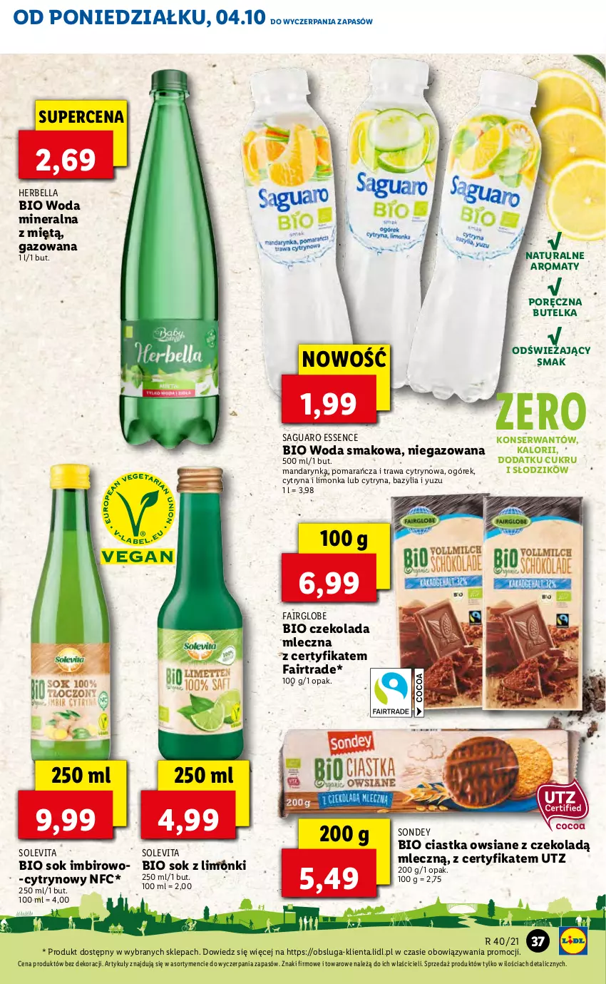 Gazetka promocyjna Lidl - GAZETKA - ważna 04.10 do 06.10.2021 - strona 37 - produkty: Bazyl, Bazylia, Bell, Bella, Ciastka, Ciastka owsiane, Czekolada, Czekolada mleczna, Fa, Imbir, Limonka, Ogórek, Por, Ser, Sok, Woda, Woda mineralna