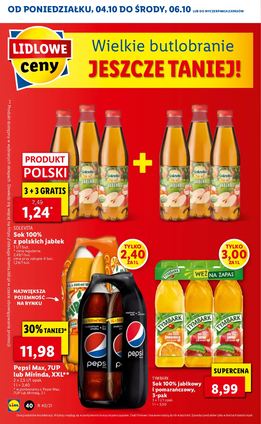 Gazetka promocyjna Lidl - GAZETKA - ważna 04.10 do 06.10.2021 - strona 40 - produkty: 7up, Gra, Mirinda, Pepsi, Pepsi max, Por, Sok, Tymbark