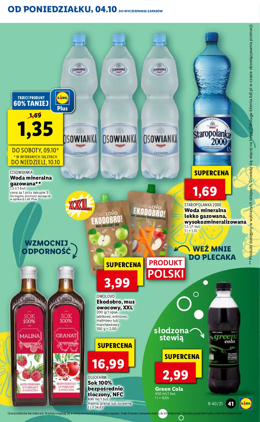 Gazetka promocyjna Lidl - GAZETKA - ważna 04.10 do 06.10.2021 - strona 41 - produkty: Cisowianka, Fa, Gra, Granat, Mus, Oleo, Oleofarm, Plecak, Por, Sok, Staropolanka, Woda, Woda mineralna