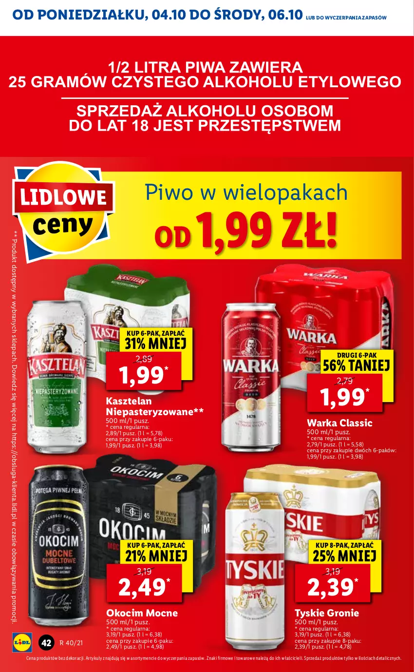 Gazetka promocyjna Lidl - GAZETKA - ważna 04.10 do 06.10.2021 - strona 42 - produkty: Kasztelan, Koc, Okocim, Piwo, Tyskie, Warka