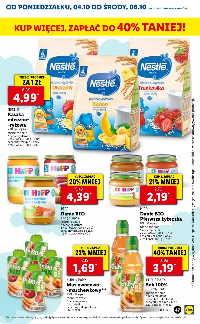 Gazetka promocyjna Lidl - GAZETKA - ważna 04.10 do 06.10.2021 - strona 47 - produkty: HiPP, Kubuś, Mus, Nestlé, Ryż, Sok