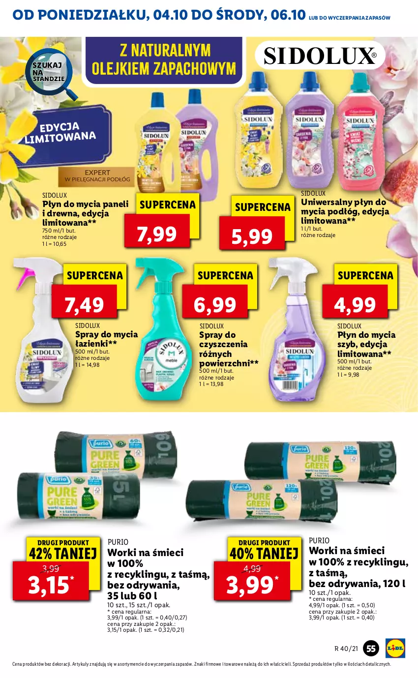 Gazetka promocyjna Lidl - GAZETKA - ważna 04.10 do 06.10.2021 - strona 55 - produkty: Płyn do mycia, Płyn do mycia paneli, Płyn do mycia podłóg, Pur, Sidolux, Worki na śmiec, Worki na śmieci