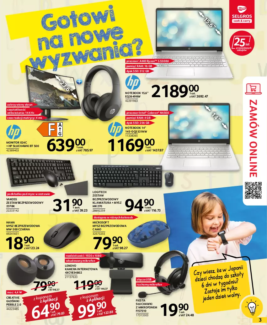 Gazetka promocyjna Selgros - Artykuły szkolne - ważna 28.07 do 10.08.2022 - strona 3 - produkty: Dzieci, Głośnik, Hama, HP, Intel, K2, Kamera, Kamera internetowa, Klawiatura, Lenovo, Logitech, Mikrofon, Monitor, Mysz, Mysz bezprzewodowa, Notebook, Podkład, Podkładka, Podkładka pod mysz, Procesor, Słuchawki