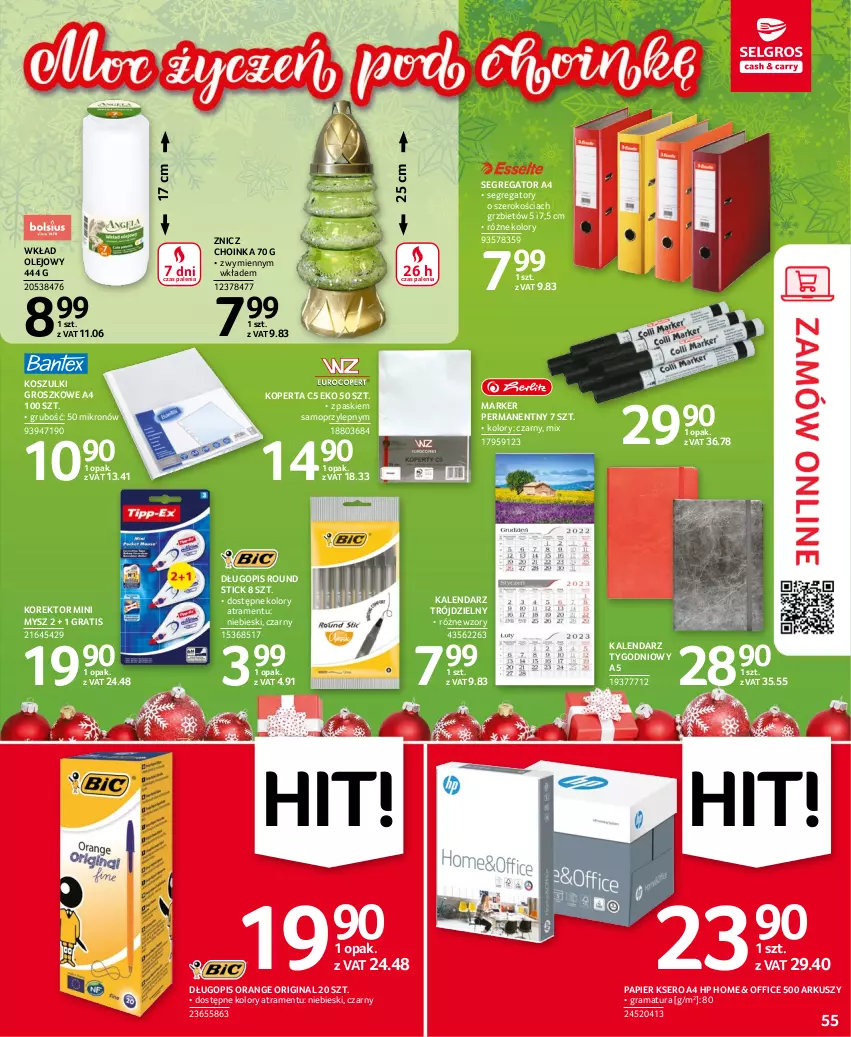 Gazetka promocyjna Selgros - Oferta przemysłowa - ważna 01.12 do 14.12.2022 - strona 55 - produkty: Choinka, Długopis, Gin, Gra, HP, Inka, Kalendarz, Kosz, Marker, Mop, Mysz, Olej, Papier, Rama, Ser, Wkład olejowy, Znicz