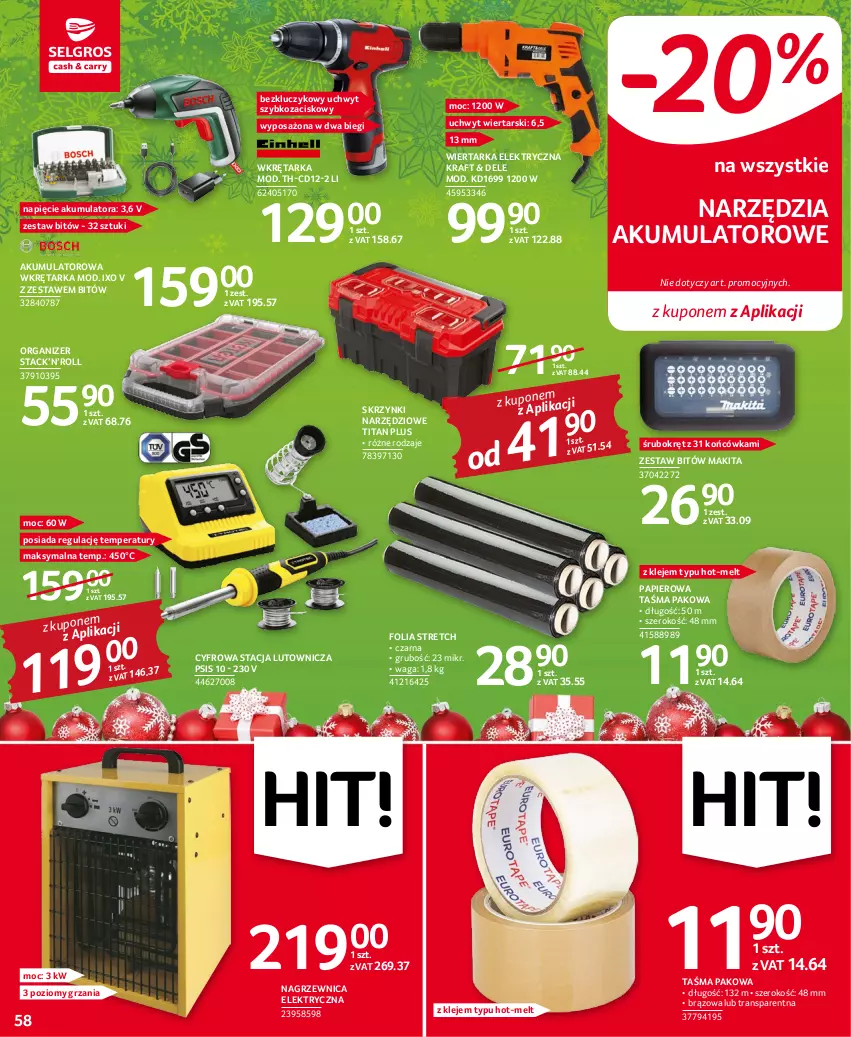 Gazetka promocyjna Selgros - Oferta przemysłowa - ważna 01.12 do 14.12.2022 - strona 58 - produkty: Akumulator, Klej, Makita, Nagrzewnica elektryczna, Organizer, Papier, Tarka, Taśma pakowa, Tran, Waga, Wiertarka, Wkręt, Wkrętarka