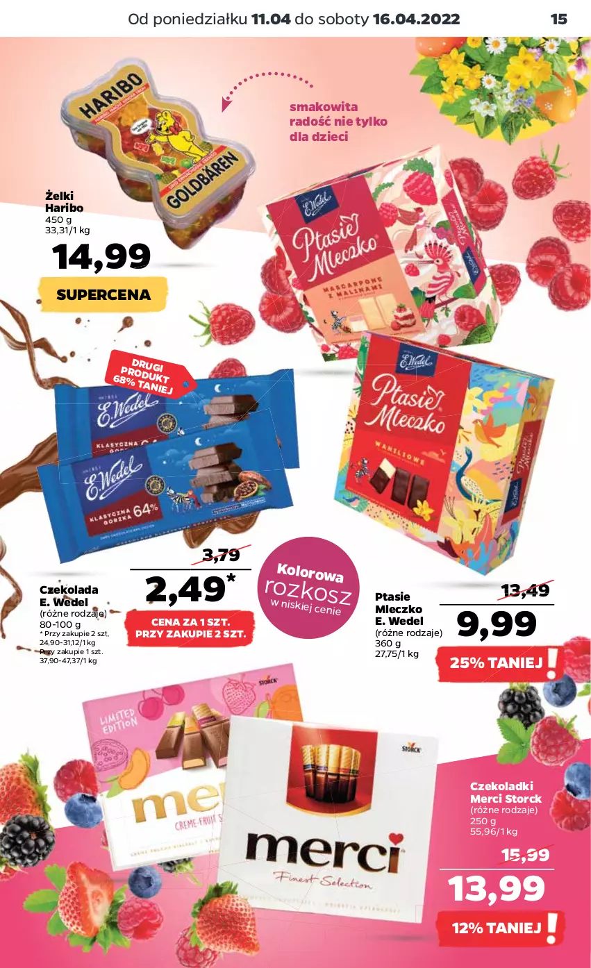 Gazetka promocyjna Netto - Gazetka spożywcza - ważna 11.04 do 16.04.2022 - strona 15 - produkty: Czekolada, Dzieci, E. Wedel, Haribo, Kosz, Merci, Mleczko, Ptasie mleczko, Smakowita