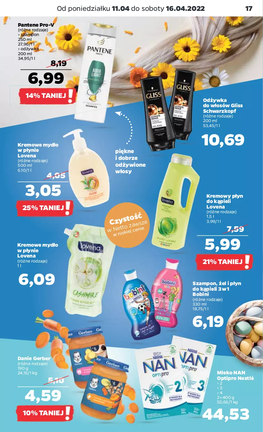 Gazetka promocyjna Netto - Gazetka spożywcza - ważna 11.04 do 16.04.2022 - strona 17 - produkty: Gerber, Mleko, Mydło, Mydło w płynie, NAN Optipro, Nestlé, Odżywka, Pantene, Płyn do kąpieli, Schwarzkopf, Szampon