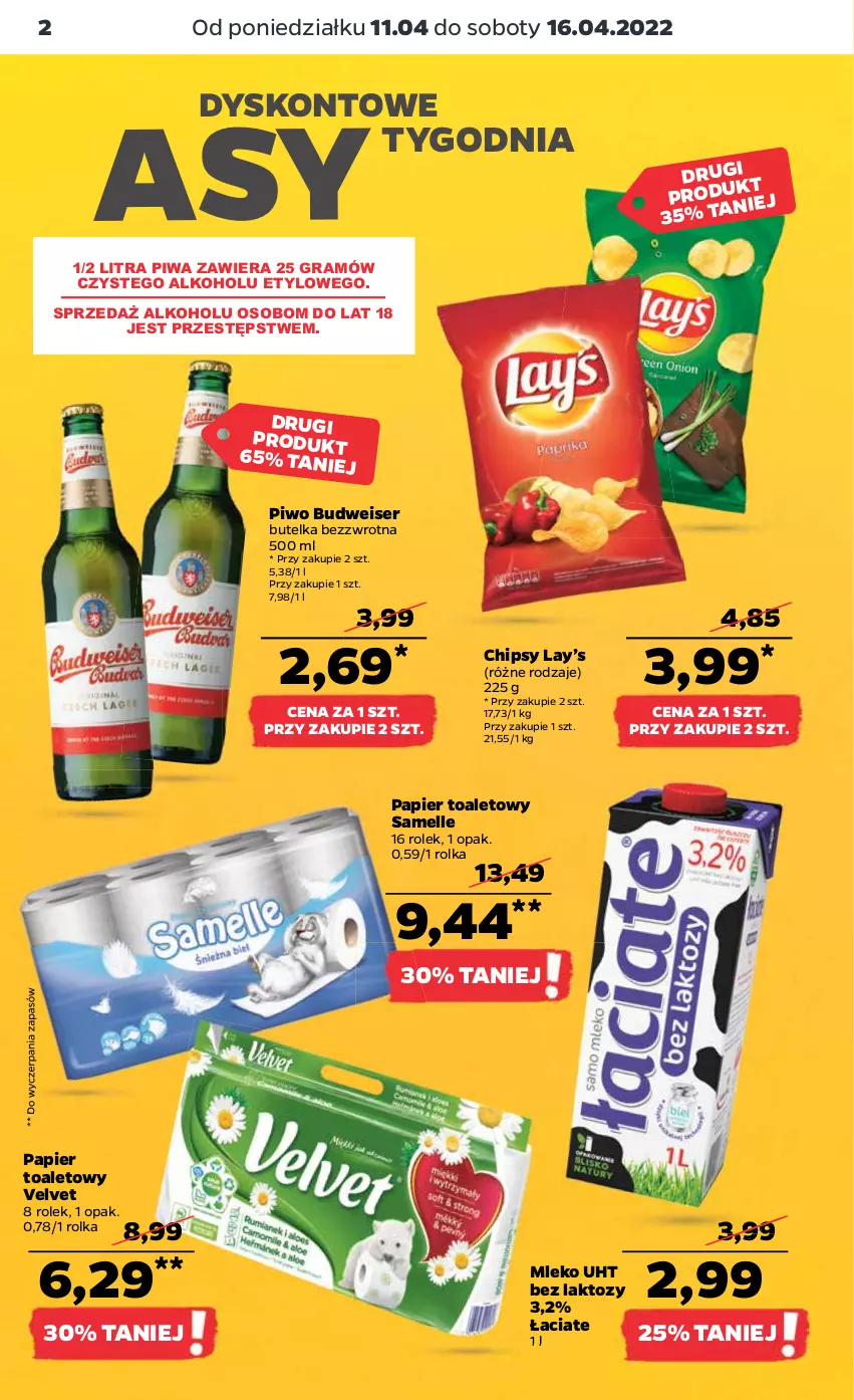 Gazetka promocyjna Netto - Gazetka spożywcza - ważna 11.04 do 16.04.2022 - strona 2 - produkty: Chipsy, Gra, Lay’s, Mleko, Papier, Papier toaletowy, Piwa, Piwo, Ser, Velvet