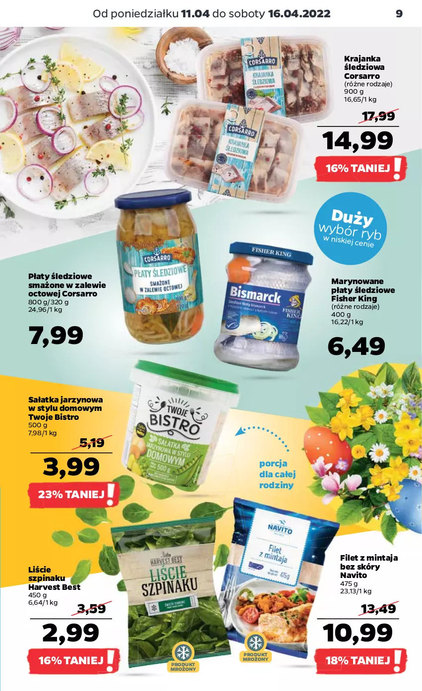 Gazetka promocyjna Netto - Gazetka spożywcza - ważna 11.04 do 16.04.2022 - strona 9 - produkty: Filet z mintaja, Krajanka śledziowa, Mintaj, Płaty śledziowe, Por, Sałat, Sałatka, Szpinak