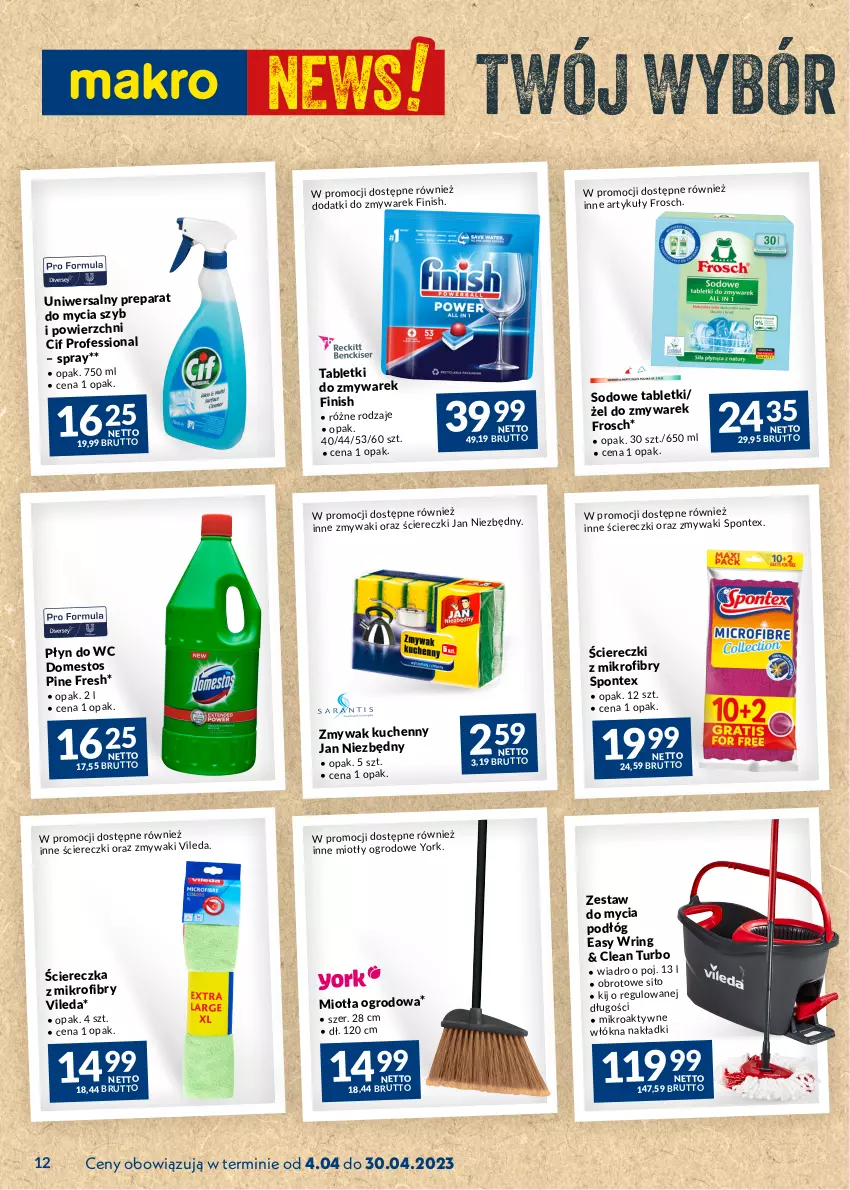 Gazetka promocyjna Makro - Najlepsze oferty - ważna 04.04 do 30.04.2023 - strona 12 - produkty: Cif, Domestos, Finish, Frosch, Jan Niezbędny, Miotła, Płyn do wc, Sito, Tablet, Vileda, Wiadro