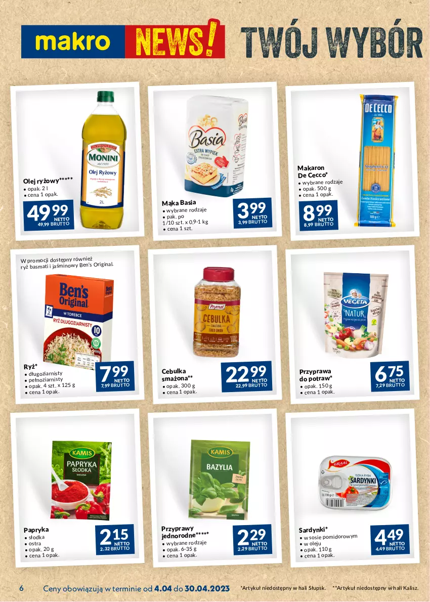 Gazetka promocyjna Makro - Najlepsze oferty - ważna 04.04 do 30.04.2023 - strona 6 - produkty: Basia, Mąka, Makaron, Olej, Olej ryżowy, Papryka, Przyprawa do potraw, Ryż, Ryż basmati, Sardynki, Sos