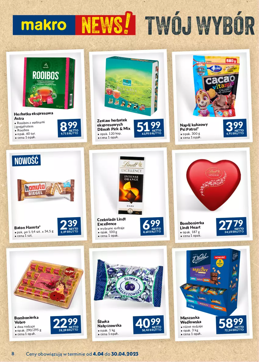 Gazetka promocyjna Makro - Najlepsze oferty - ważna 04.04 do 30.04.2023 - strona 8 - produkty: Baton, Czekolada, Dilmah, Grejpfrut, Kakao, Lindt, Mieszanka wedlowska, Napój, Psi Patrol