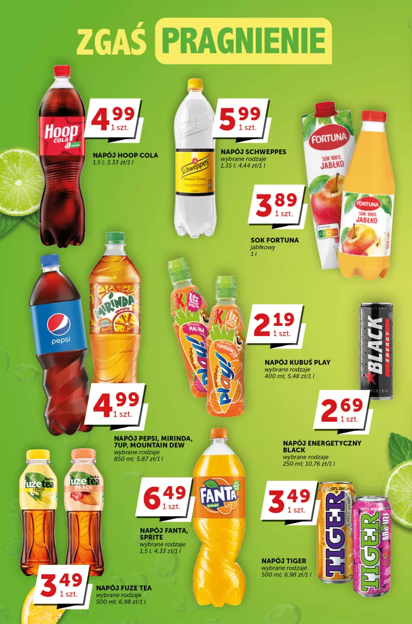 Gazetka promocyjna Groszek - ważna 18.05 do 30.05.2023 - strona 23 - produkty: Fa, Fanta, Fortuna, Hoop, Kubuś, Lack, Mirinda, Napój, Pepsi, Schweppes, Sok, Sprite, Tiger