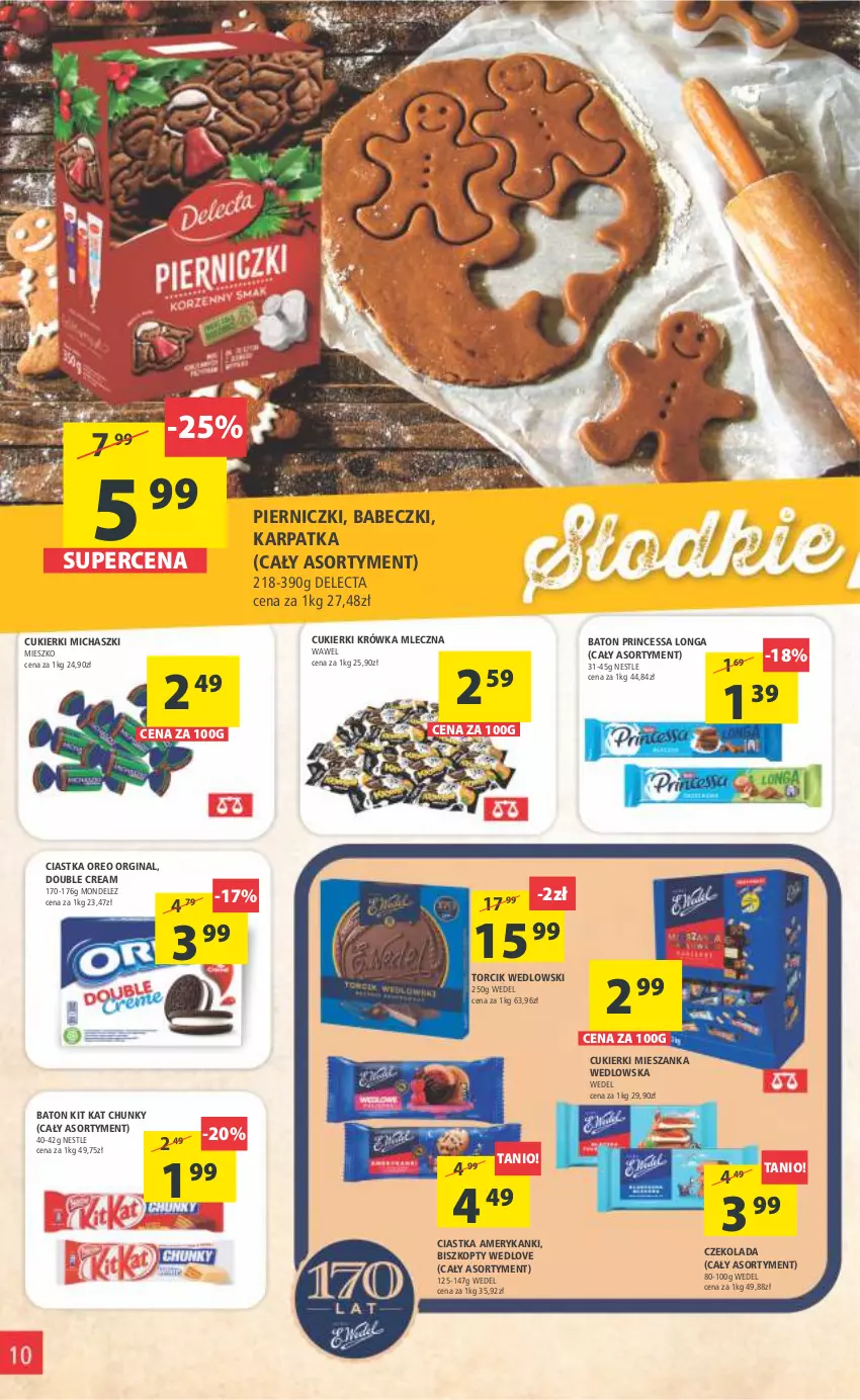 Gazetka promocyjna Arhelan - Gazetka - ważna 04.11 do 13.11.2022 - strona 10 - produkty: Babeczki, Baton, Biszkopty, Ciastka, Cukier, Cukierki, Czekolada, Delecta, Gin, Karp, Kit Kat, Mieszanka wedlowska, Oreo, Princessa, Wawel