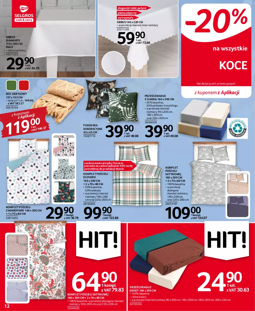 Gazetka promocyjna Selgros - Oferta przemysłowa - ważna 15.12 do 31.12.2022 - strona 12 - produkty: Diamant, Koc, Komplet pościeli, Obrus, Poduszka, Poduszka dekoracyjna, Por, Pościel, Prześcieradło, Wełna