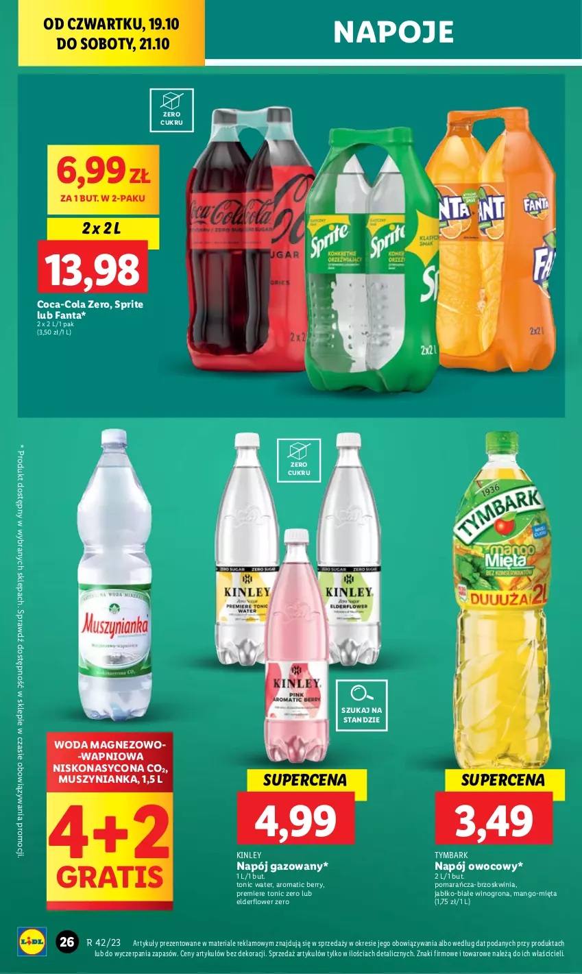 Gazetka promocyjna Lidl - GAZETKA - ważna 19.10 do 21.10.2023 - strona 32 - produkty: Coca-Cola, Fa, Fanta, Gra, Magnez, Mango, Mięta, Mus, Muszynianka, Napój, Napój gazowany, Napoje, Premiere, Sprite, Tymbark, Wino, Winogrona, Woda