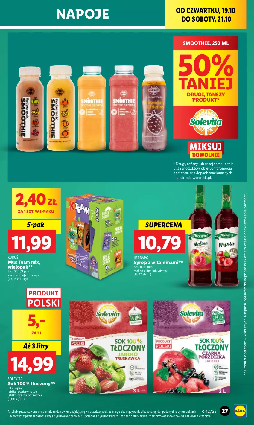 Gazetka promocyjna Lidl - GAZETKA - ważna 19.10 do 21.10.2023 - strona 33 - produkty: Herbapol, Kaktus, Kubuś, Mango, Mus, Napoje, Por, Smoothie, Sok, Syrop