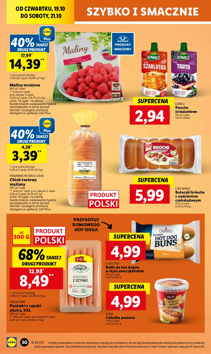 Gazetka promocyjna Lidl - GAZETKA - ważna 19.10 do 21.10.2023 - strona 36 - produkty: Bułeczki, Bułki do hot dogów, Chleb, Chleb tostowy, Danio, Hot dog, Maliny, Olej, Parówki, Parówki z szynki, PIKOK, Pur, Ser