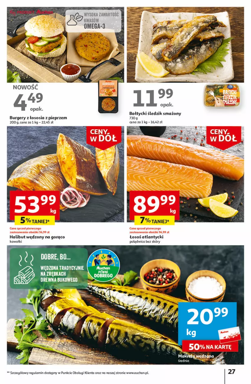 Gazetka promocyjna Auchan - Gazetka Ceny w dół Część 1 Hipermarket Auchan - ważna 03.01 do 10.01.2024 - strona 27 - produkty: Burger, Halibut, Kawa, Omega-3, Pieprz, Polędwica, Sok, Sos