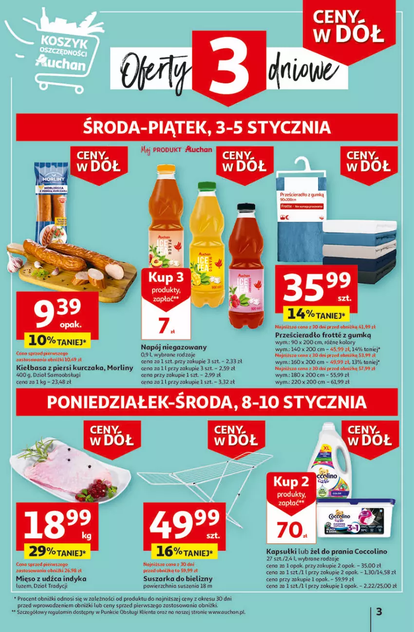 Gazetka promocyjna Auchan - Gazetka Ceny w dół Część 1 Hipermarket Auchan - ważna 03.01 do 10.01.2024 - strona 3 - produkty: Coccolino, Kiełbasa, Kiełbasa z piersi kurczaka, Kurczak, Mięso, Morliny, Napój, Napój niegazowany, Por, Prześcieradło, Suszarka