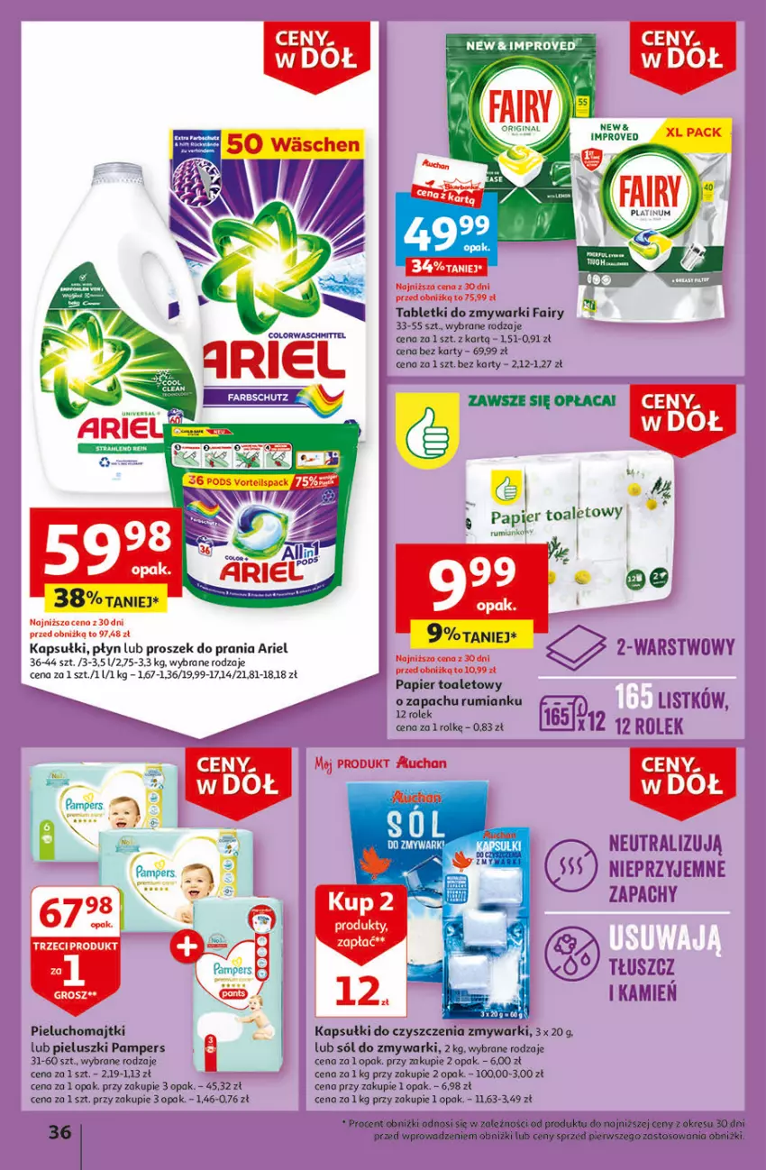 Gazetka promocyjna Auchan - Gazetka Ceny w dół Część 1 Hipermarket Auchan - ważna 03.01 do 10.01.2024 - strona 36 - produkty: Ariel, Fa, Fairy, Gin, Majtki, Pampers, Papier, Papier toaletowy, Pieluchomajtki, Proszek do prania, Rum, Sól, Tablet, Tabletki do zmywarki, Zmywarki