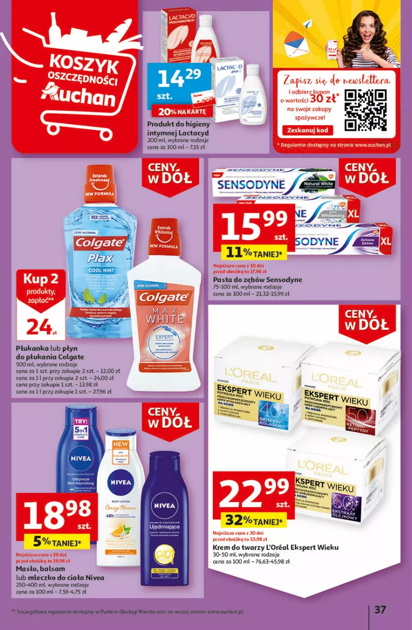 Gazetka promocyjna Auchan - Gazetka Ceny w dół Część 1 Hipermarket Auchan - ważna 03.01 do 10.01.2024 - strona 37 - produkty: Colgate, Inka, Krem do twarzy, Lactacyd, LG, Masło, Mleczko, Mleczko do ciała, Nivea, Pasta do zębów, Płyn do płukania, Sensodyne