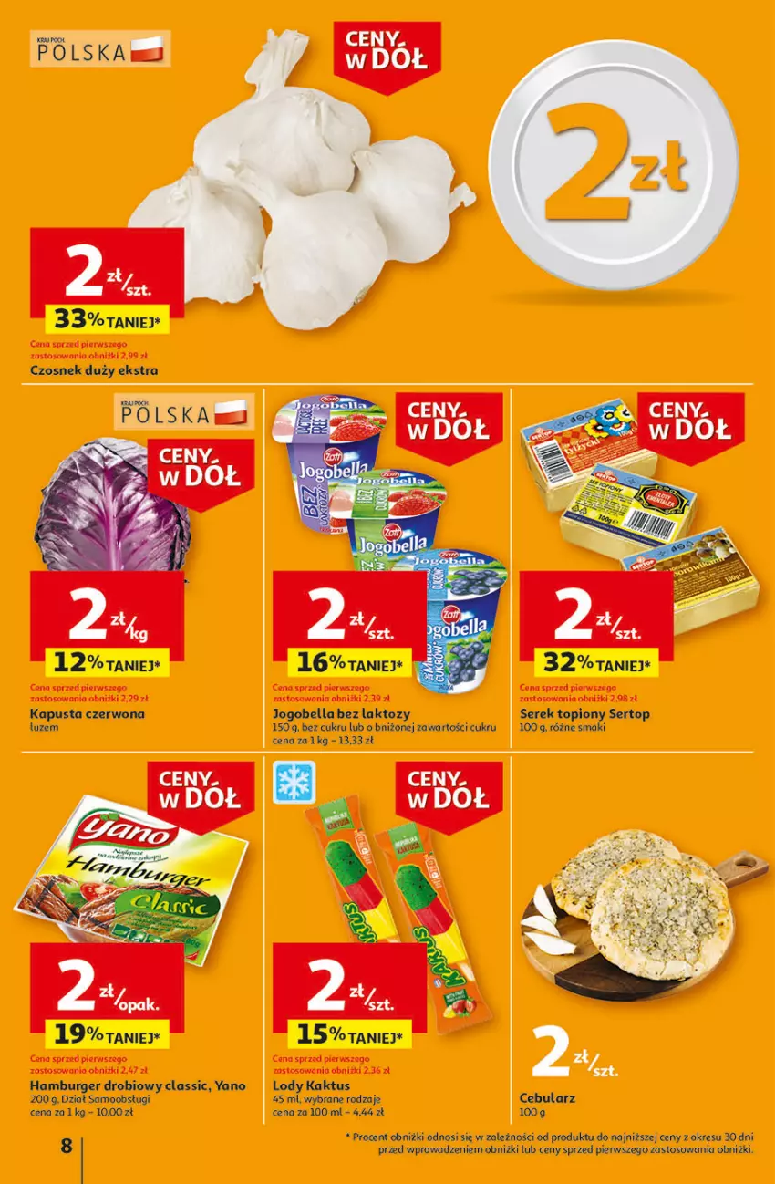 Gazetka promocyjna Auchan - Gazetka Ceny w dół Część 1 Hipermarket Auchan - ważna 03.01 do 10.01.2024 - strona 8 - produkty: Bell, Bella, Burger, Cebula, Czosnek, Hamburger, Jogobella, Kaktus, Lody, Ser, Serek, Top