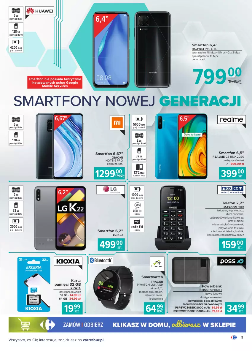 Gazetka promocyjna Carrefour - Gazetka Multimedia - ważna 15.02 do 06.03.2021 - strona 3 - produkty: Acer, Budzik, Ciśnieniomierz, Dzwonek, Fa, Huawei, K2, Karta pamięci, Krokomierz, Latarka, LG, Mobil, Powerbank, Ser, Smartfon, Smartwatch, Sos, Tarka, Telefon