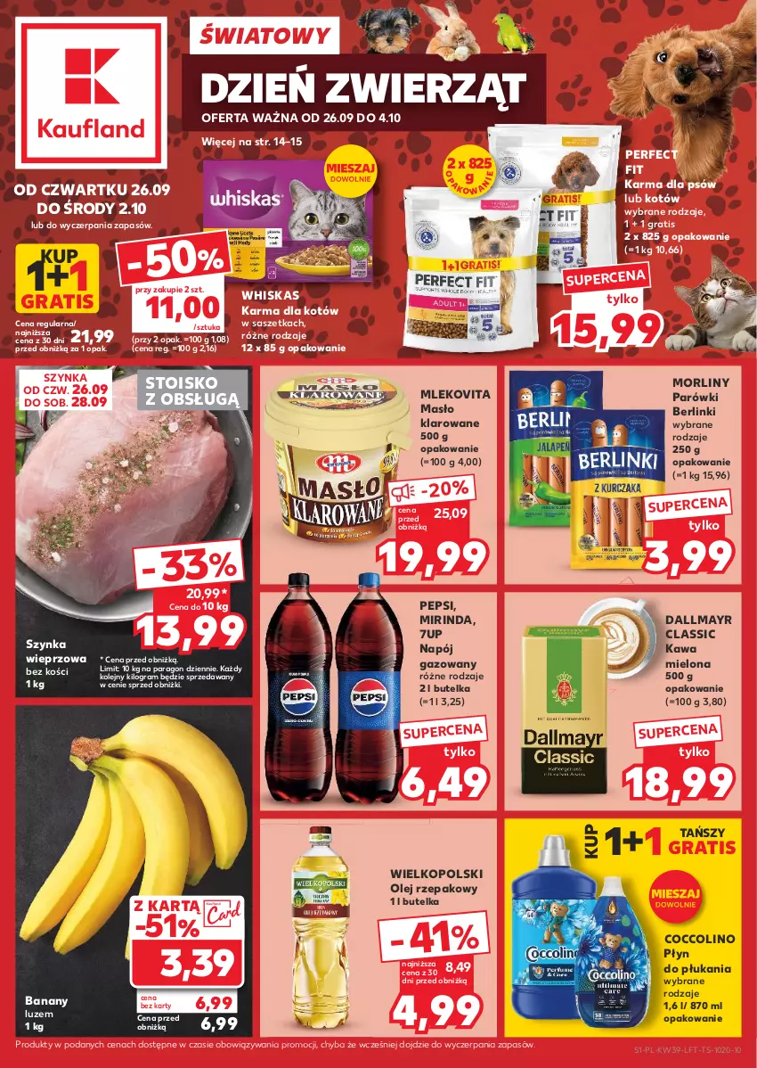 Gazetka promocyjna Kaufland - Gazetka tygodnia - ważna 26.09 do 02.10.2024 - strona 1 - produkty: 7up, Banany, Berlinki, Coccolino, Dallmayr, Gra, Kawa, Kawa mielona, Masło, Masło klarowane, Mirinda, Mleko, Mlekovita, Morliny, Napój, Napój gazowany, Olej, Olej rzepakowy, Parówki, Pepsi, Płyn do płukania, Szynka, Szynka wieprzowa, Whiskas