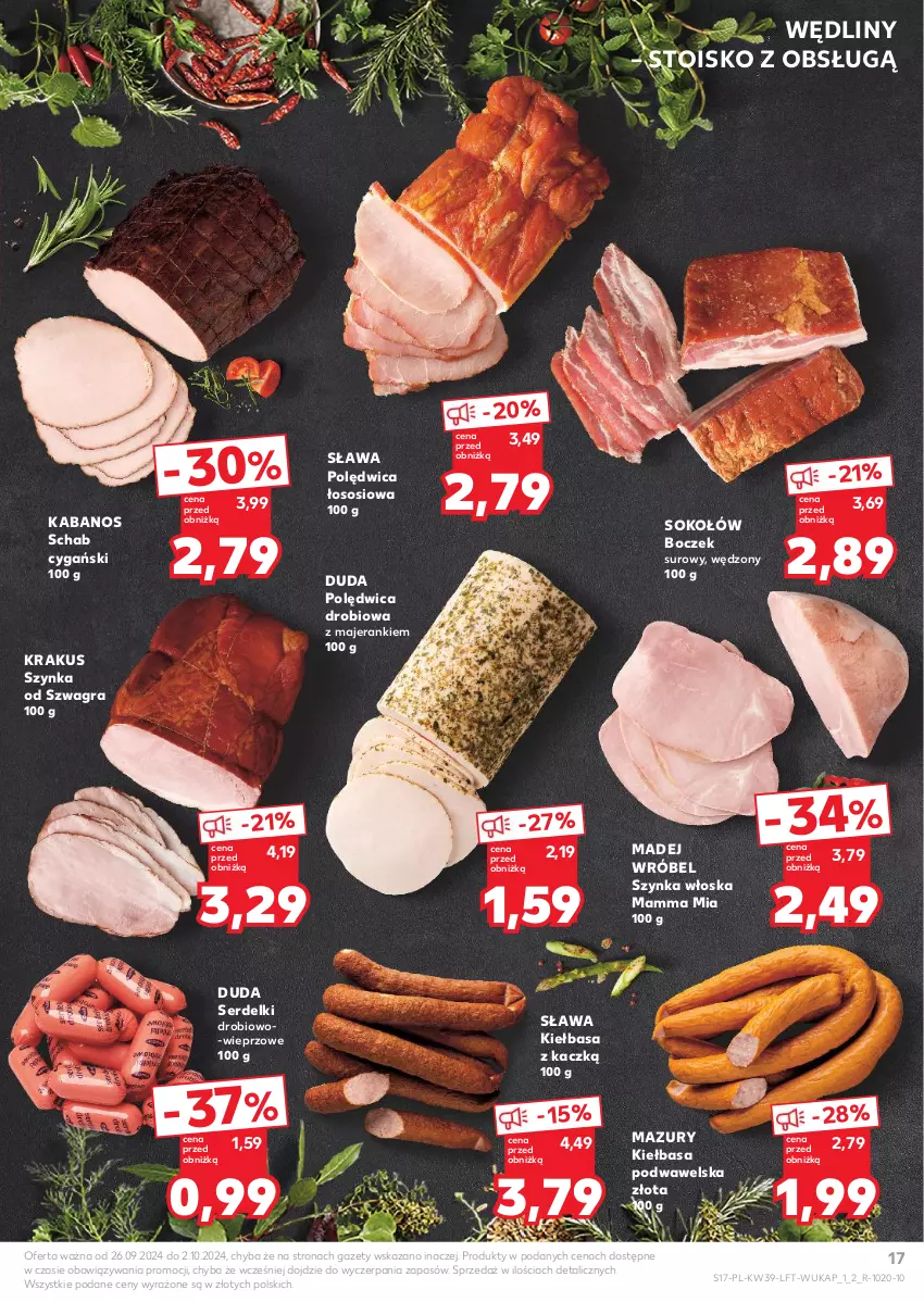 Gazetka promocyjna Kaufland - Gazetka tygodnia - ważna 26.09 do 02.10.2024 - strona 17 - produkty: Boczek, Duda, Gra, Kabanos, Kiełbasa, Kiełbasa podwawelska, Krakus, Madej Wróbel, Polędwica, Ser, Serdelki, Sok, Sokołów, Sos, Szynka, Wawel