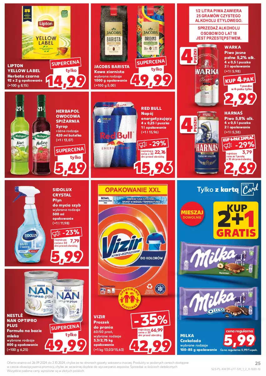 Gazetka promocyjna Kaufland - Gazetka tygodnia - ważna 26.09 do 02.10.2024 - strona 25 - produkty: Czekolada, Gra, Harnaś, Herbapol, Herbata, Herbata czarna, Jacobs, Kawa, Kawa ziarnista, Lipton, Milka, NAN Optipro, Napój, Nestlé, Piwa, Piwo, Piwo jasne, Płyn do mycia, Proszek do prania, Red Bull, Sidolux, Syrop, Vizir, Warka