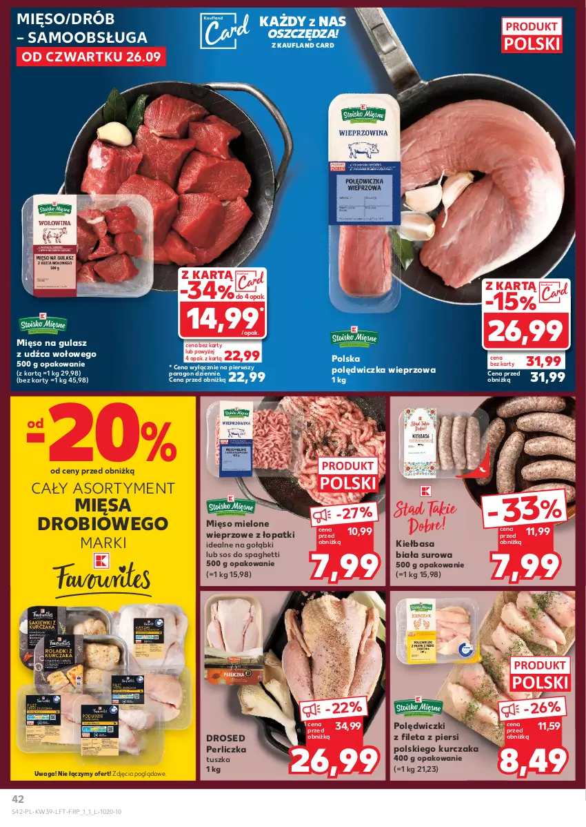 Gazetka promocyjna Kaufland - Gazetka tygodnia - ważna 26.09 do 02.10.2024 - strona 42 - produkty: Drób, Kiełbasa, Kiełbasa biała, Kurczak, Mięso, Mięso mielone, Mięso na gulasz, Perliczka, Polędwiczka wieprzowa, Sos, Spaghetti, Tusz, Waga