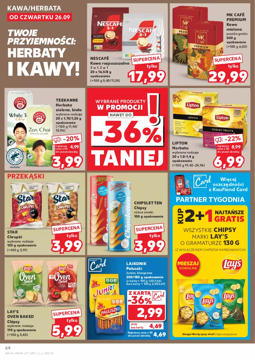 Gazetka promocyjna Kaufland - Gazetka tygodnia - ważna 26.09 do 02.10.2024 - strona 64 - produkty: Chipsy, Chrupki, Gra, Herbata, Kawa, Kawa mielona, Kawa rozpuszczalna, Lajkonik, Lay’s, Lipton, Nescafé, Rama, Teekanne, Waga