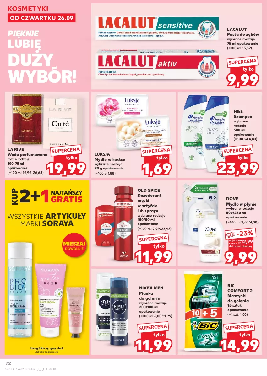 Gazetka promocyjna Kaufland - Gazetka tygodnia - ważna 26.09 do 02.10.2024 - strona 72 - produkty: BIC, Dezodorant, Dove, Gra, La Rive, Lacalut, Luksja, Mydło, Mydło w płynie, Nivea, Nivea Men, Old Spice, Pasta do zębów, Perfum, Pianka do golenia, Szampon, Waga, Woda, Woda perfumowana