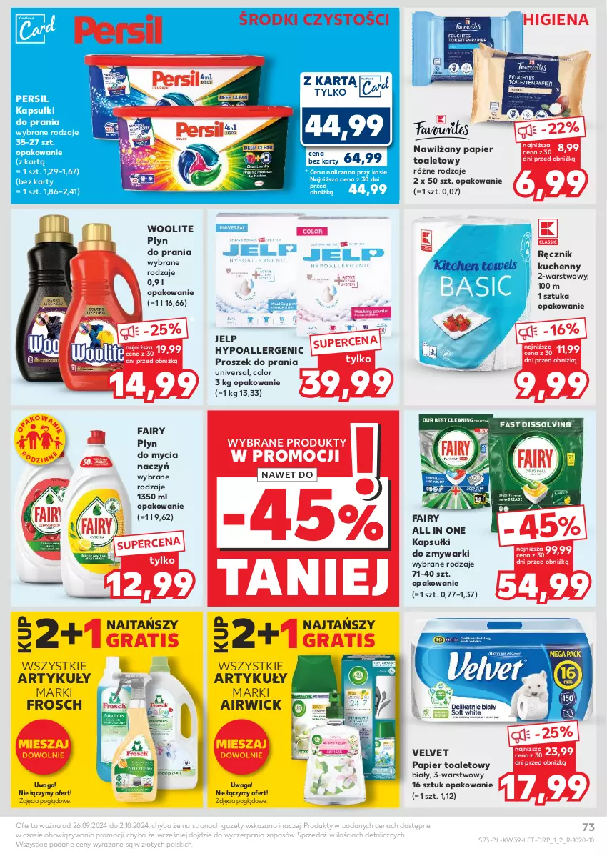 Gazetka promocyjna Kaufland - Gazetka tygodnia - ważna 26.09 do 02.10.2024 - strona 73 - produkty: Do mycia naczyń, Fa, Fairy, Frosch, Gra, Kapsułki do prania, Nawilżany papier, Papier, Papier toaletowy, Persil, Płyn do mycia, Płyn do mycia naczyń, Płyn do prania, Proszek do prania, Ręcznik, Ręcznik kuchenny, Velvet, Waga, Woolite, Zmywarki