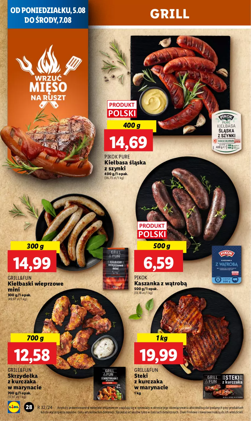 Gazetka promocyjna Lidl - GAZETKA - ważna 05.08 do 07.08.2024 - strona 30 - produkty: Grill, Kasza, Kaszanka, Kiełbasa, Kiełbasa śląska, Kurczak, PIKOK, Pur, Skrzydełka z kurczaka, Stek