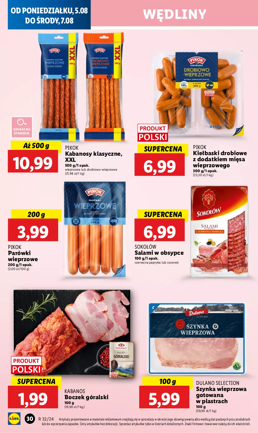 Gazetka promocyjna Lidl - GAZETKA - ważna 05.08 do 07.08.2024 - strona 32 - produkty: Boczek, Czosnek, Dulano, Kabanos, Papryka, Parówki, PIKOK, Salami, Sok, Sokołów, Szynka, Szynka wieprzowa