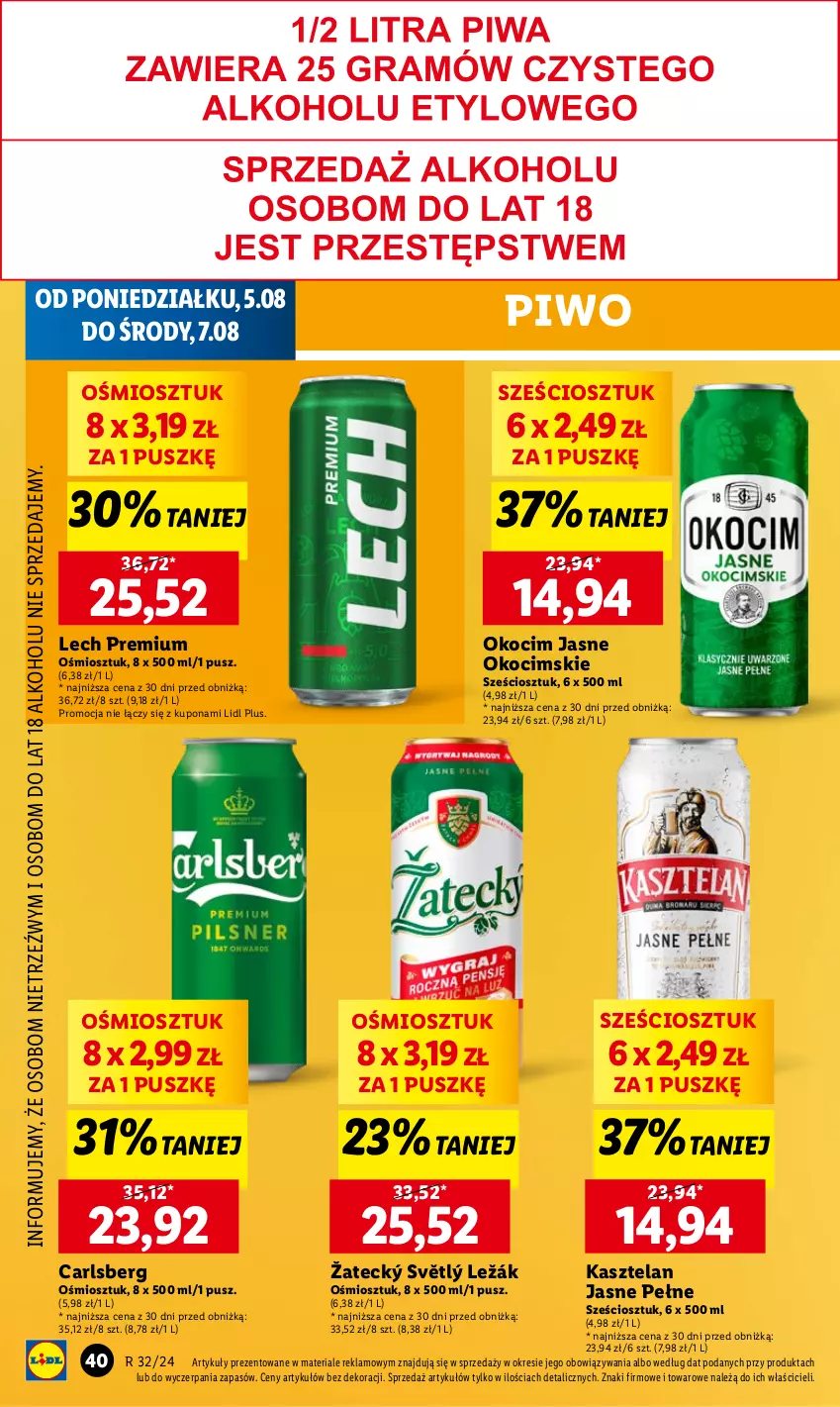 Gazetka promocyjna Lidl - GAZETKA - ważna 05.08 do 07.08.2024 - strona 44 - produkty: Carlsberg, Kasztelan, Koc, Lech Premium, Okocim, Piwo