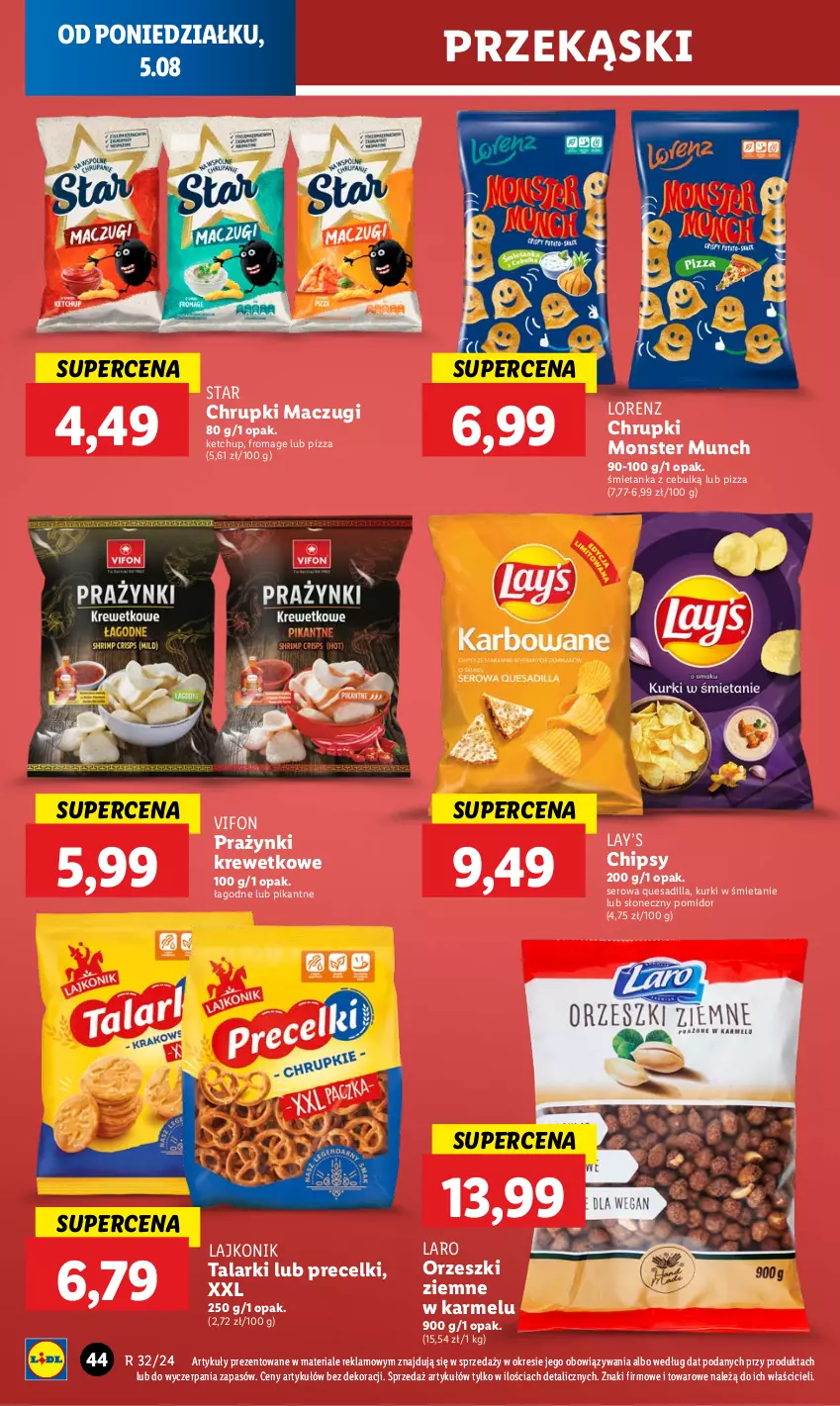 Gazetka promocyjna Lidl - GAZETKA - ważna 05.08 do 07.08.2024 - strona 48 - produkty: Chipsy, Chrupki, Ketchup, Lajkonik, Lay’s, Lorenz, Monster Munch, Orzeszki, Orzeszki ziemne, Pizza, Precelki, Ser