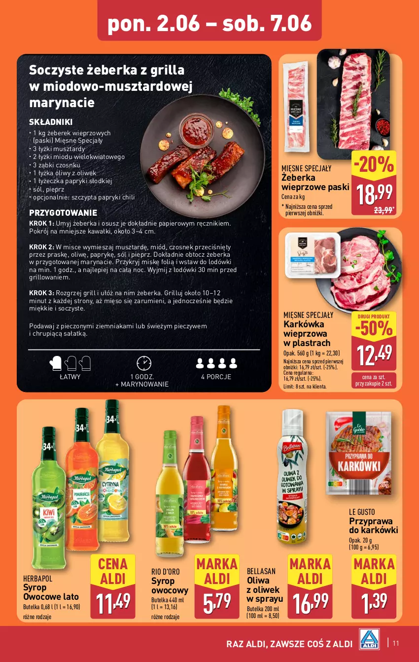 Gazetka promocyjna Aldi - Oferta weekendowa - ważna 05.06 do 07.06.2025 - strona 11 - produkty: Bell, Bella, Czosnek, Grill, Herbapol, Karkówka wieprzowa, Kawa, Mięsne specjały, Mięso, Miód, Mus, Oliwa z oliwek, Papier, Piec, Pieprz, Por, Ręcznik, Rum, Sałat, Sól, Syrop