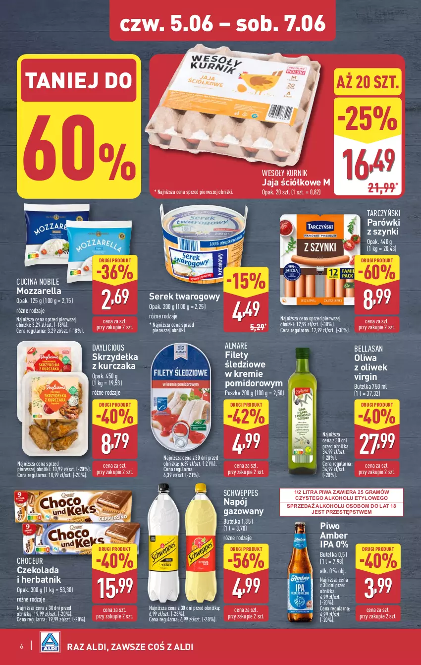 Gazetka promocyjna Aldi - Oferta weekendowa - ważna 05.06 do 07.06.2025 - strona 6 - produkty: Bell, Bella, Czekolada, Gin, Gra, Jaja, Kurczak, Mozzarella, Napój, Napój gazowany, Oliwa z oliwek, Parówki, Parówki z szynki, Piwa, Piwo, Schweppes, Ser, Serek, Serek twarogowy, Skrzydełka z kurczaka, Tarczyński